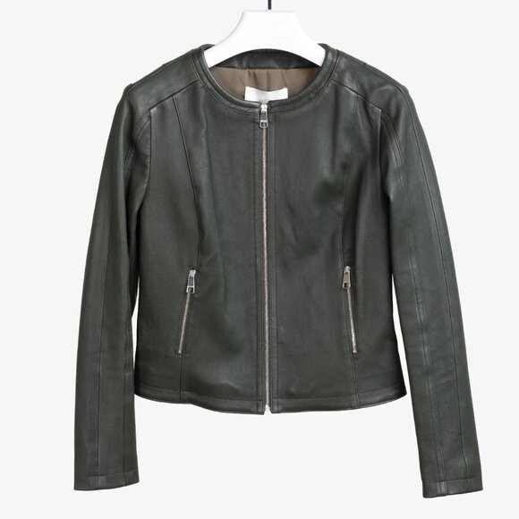 Hugo Boss Grey Green Leather Moto Jacket - Picture 1 of 13